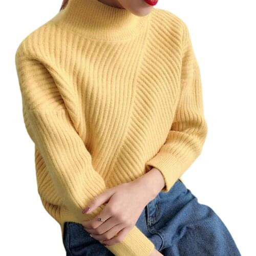 Autumn Winter Women Solid Color Mock Neck Stripe Rib Warm Knitted Sweater Jumpers