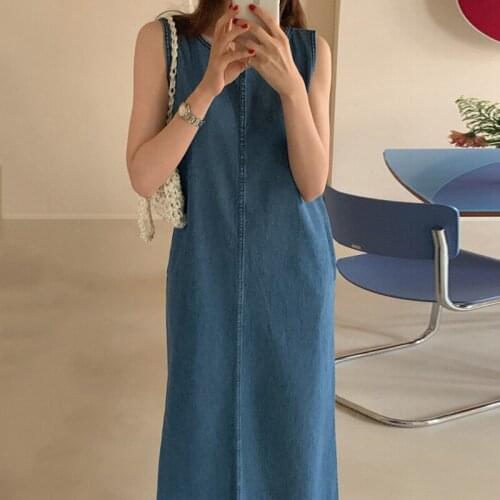 Sannian Women Dress Summer Retro Round Neck U-shaped Hollow Open Back Loose Double Pocket Long Sleeveless Denim Dresses Ladies