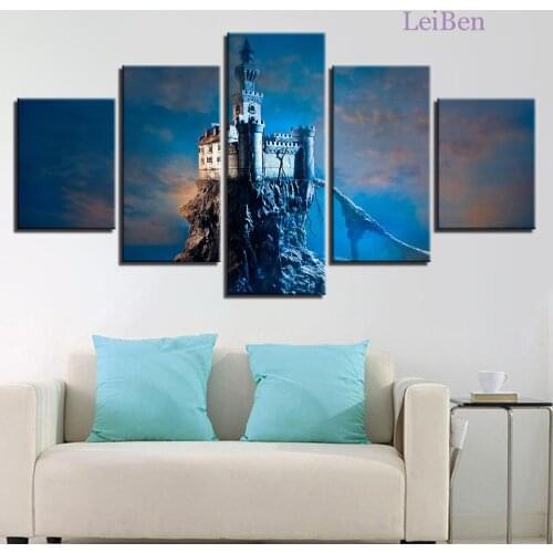 Five-Piece Night Scene Castle Canvas Painting Wilderness Mountain Landscape Poster Hd Modular Picture Home Decor for Living Room