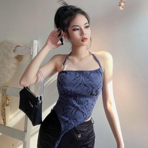 Satin jacquard irregular detachable halterneck zipper camisole top