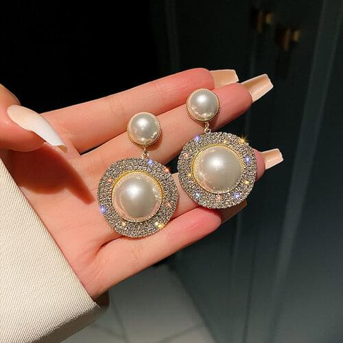Big Simulated Pearl Stud Earrings for Women Girl Round Geometric Rhinestone Earrings Party Weddings Jewelry Gifts