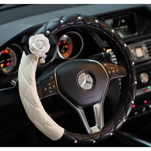 Camellia Car Steering Wheel Covers Leather Diamond Pearl Covered Flower Steering Wheel Cover Car Interior Accessories Women