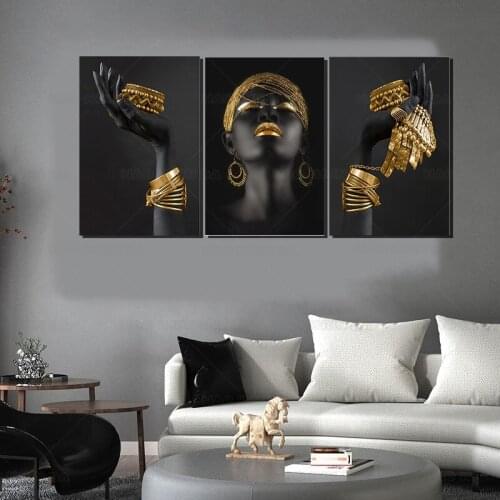 African woman wall art painting art posters and prints big black woman holding gold jewelry canvas picture home decoration