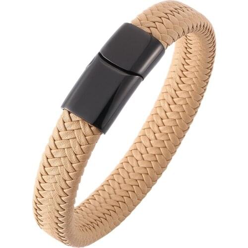 Fashion Jewelry Men Women Leather Bracelet Braid Bracelet Black Stainless Steel Magnetic Clasp Charm wristband Gift SP0005