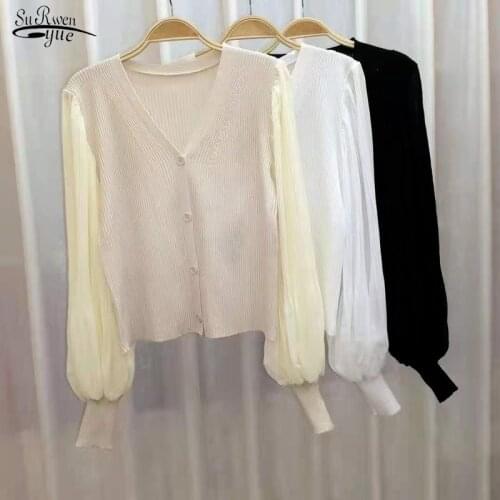 2021 Autumn V-neck Knitted Cardigan Korean Chic Long Lantern Sleeve Chiffon Splice Knitted Shirt Short Tops Women Clothing 15931