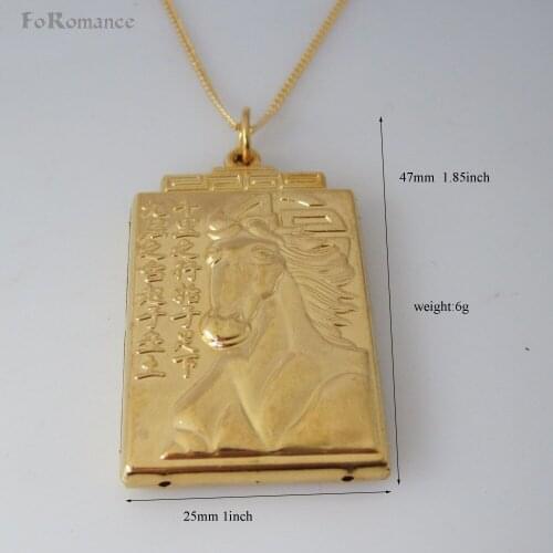 YELLOW GOLD OVERLAY 18" or 24" NECKLACE & HORSE SQUARE PENDANT CHINESE SENTENCE SUCCESS FROM TINY STEP