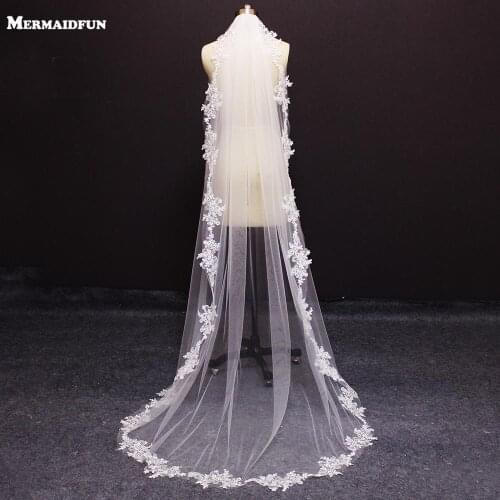 Real Photos Beaded Sequined Lace Appliques Edge 2 Meters Single Layer Wedding Veil with Comb Chapel 1 Layer Bridal Veil