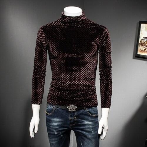 Luxury Solid Black Coffee Slim Fit Turtle Neck T-Shirt Men 2018 Autumn Winter Slim Fit Plaid Tshirt Club Outfit Camisa Masculina