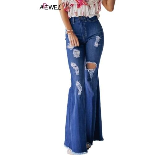 High Waist Hole Ripped Bell Jeans Flared Blue Distressed Pantalones Femme Bottom Pants Denim Baggy Trousers 2021 Calsas Feminina