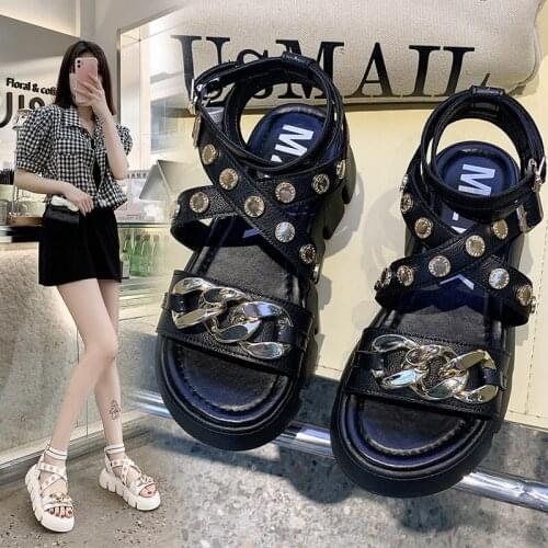 Summer New Fashion Metal Decoration Explosive Casual Sandals Wild Thick-Soled Increase Roman Womens Shoes