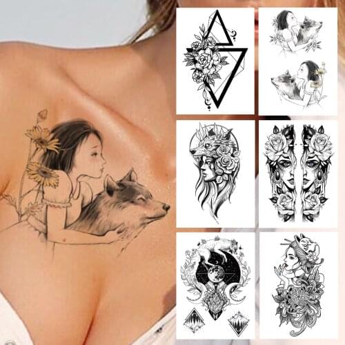 Sunflower Wolf Temporary Tattoos For Women Girls Triangle Sexy Lady Flower Tattoo Sticker Fake Mountain Black DIY Tatoos Chest