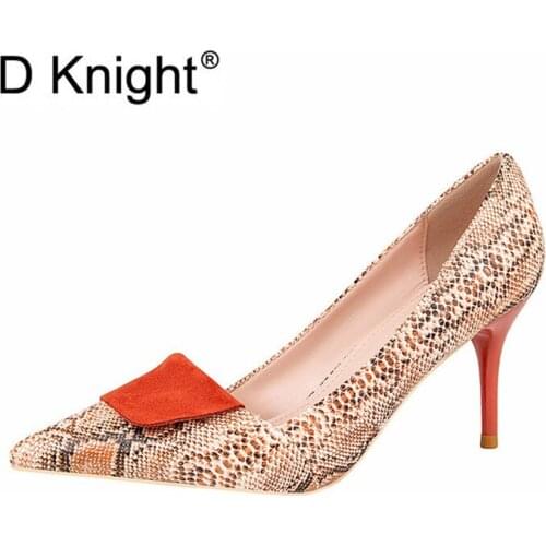 D Knight Women Pumps Brand High Heels Snake Pu Leather Pointed Toe Sexy Stiletto Shoes Woman Ladies Pumps Plus Big Size 34-41