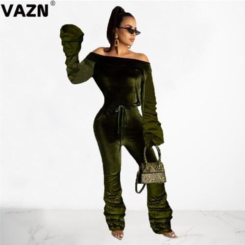 VAZN New chic 2020 summer sexy lady 3 colors long velour jumpsuit fill sleeve slash neck pleated pants jumpsuit solid jumpsuits