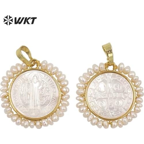 WT-JP257 Wholesale handmade wire wrapped with pearl Our Blessed Joseph of Cupertino jewelry pendant gold savior Cross pendant