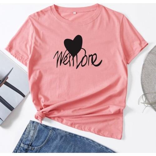 Woman T-Shirt Short Sleeve T-Shirts Summer Tops for Women Cotton Graphic Tee Female Shirt Clothes Heart Letters Printed Top