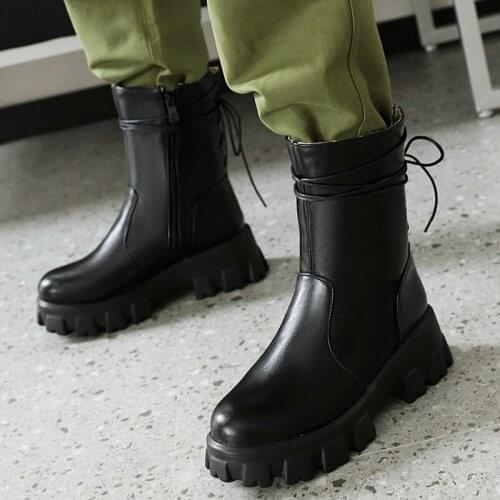 Ladies Spring Autumn Comfortable Short Boots Platform Zipper Round Toe Womens Shoes Winter Warm Fashion Cross Tied Ankle Boots
