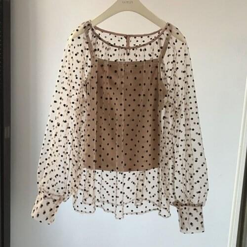 Women Two Piece Set 2019 Lace Bottom Shirt Female Long Sleeves Sexy Perspective Wave Point O-neck Shirt Solid Tank G1179