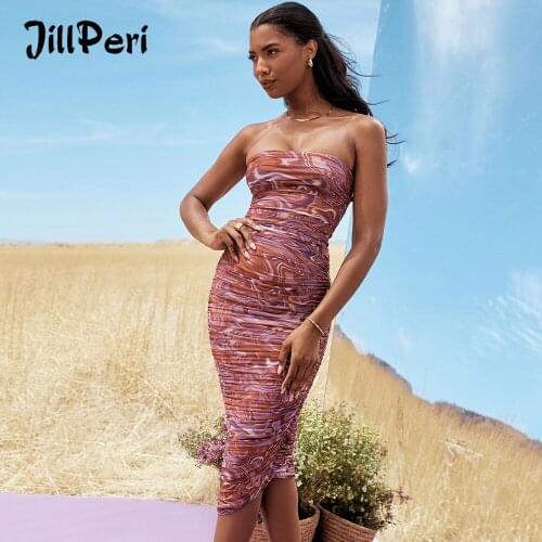 JillPeri Strapless Floral Print Ruched Irregular Midi Dress Women Summer Flower Sexy Bodycon Outfits Club Party Mesh Dress