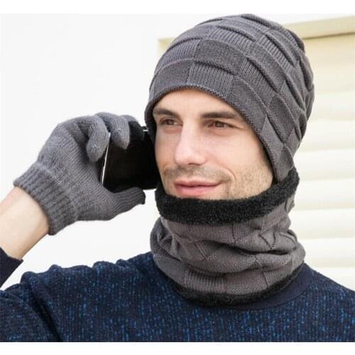Winter Hat Scarf Gloves Men 3 Peice Set 2019 Man Outdoor Warm Knitted Plush Cap Scarves And Touchscreen Gloves Male Accessories