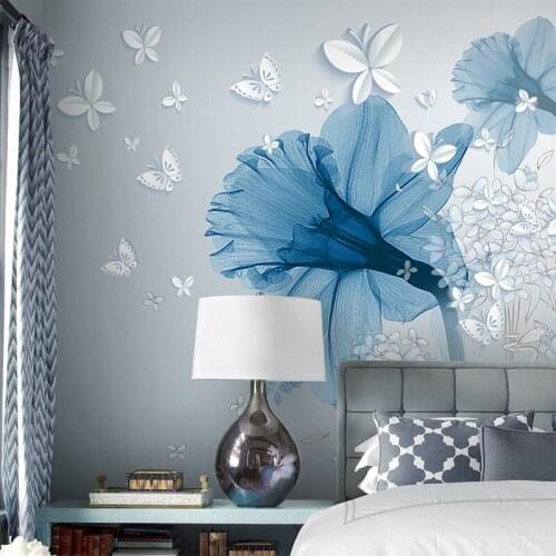 3D European Simple Blue Butterfly Flower Wall Cloth Mural Wall Covering Modern Restaurant Living Room TV Background Wall Paper