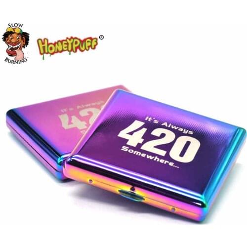 "420" Pattern Ice Rainbow Color Metal Cigarette Case (90x80MM) Hold 20 Regular Size Cigarettes (85mm*8mm) With 2 Clips