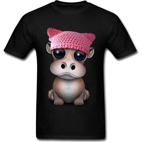 2018 3D Graphic Men T-shirt Cute Baby Hippo Wearing Pussy Hat Hip Hop Streetwear Students Funny Cartoon T Shirts Big Eyes
