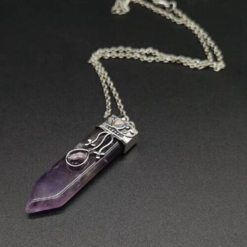 FYSL Silver Plated Leaf Sword Shape Amethysts Stone Pendant Link Chain Necklace Lapis Lazuli Jewelry