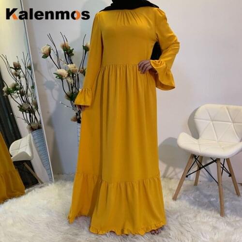 KALENMOS Dubai Arab Muslim Dress Women Ramadan Flare Sleeve Ruffle Kaftan Abaya Jubah Long Robe Outwear Caftan Islamic Clothing