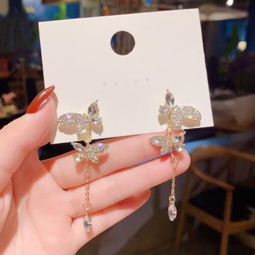 Korean Fashion Butterfly Hanging Earrings For Women Vintage Fairy Long Tassel Earring With Rhinestone Luxury Jewelry Accessories