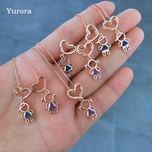 Lovely Son Daughter Kids Pendant Necklace Red zircon Stone Family Girl Boy Small Heart Necklace Rose Gold Chain Fashion jewelry