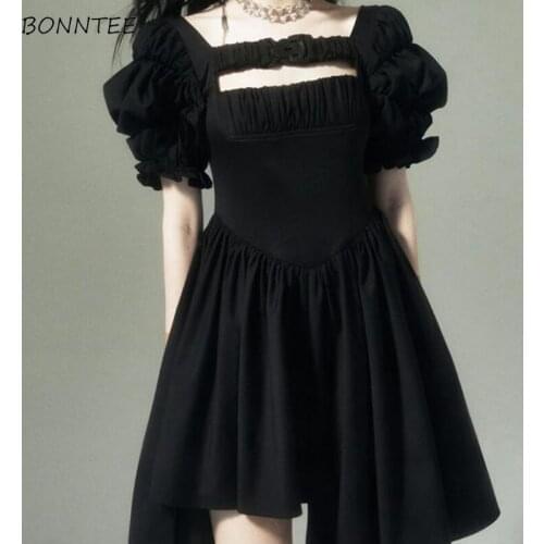 Dress Women Solid Fashion Folds Design Dating Puff Sleeve Punk Hip Hop Ulzzang Mini Casual All-match Students New Asymmetrical
