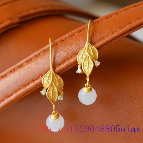 White Jade Leaf Earrings Natural Gifts Amulet Crystal Fashion Chalcedony Women 925 Silver Zircon Jewelry Charm Gemstone