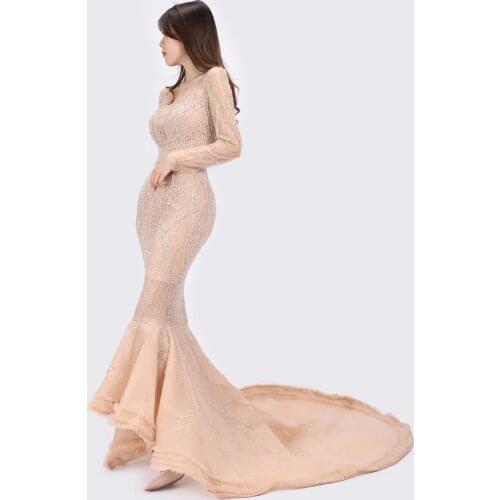 Luscious Delia Muslin Luxury Champagne Beaded Evening Dresses 2021 With Long Sleeve Mermaid Design