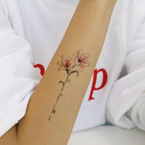 Temporary Tattoo Sticker Pink Daffodil English Alphabet Totem Design Fake Tattoos Waterproof Tatoos Arm Leg Large Size for Women