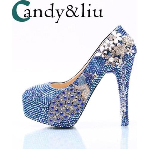 Bright Dazzling Blue Crystal Wedding Shoes Women Super High Heel Rhinestone Phoenix Pumps Party Evening Dress Nightclub Banquet