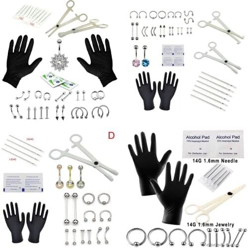 Hot Sale Tongue Eyebrow Nose Belly Button Body Jewelry Piercing Rings Clamp Gloves Needles Tool Kit Ear Plug Prong Studs