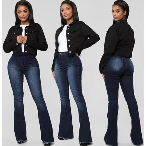 FNOCE 2020 autumn new womens jeans pants street fashion casual high waist loose high stretch slim Flare Pants denim trousers