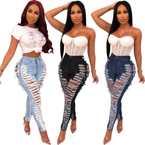 Trouser Jeans For Women Sexy Skinny With Pocket Summer Pencil Trouser Jeans Streetwear Hollow Out High Waist Pants