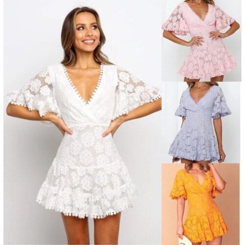 2021 Summer Sexy White Lace Dress Hollow Out One Shoulder Flare Sleeve Elegant Dress Clubwear Short Club Party Woman Dresses