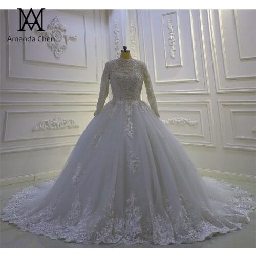 Robe blanche High Neck Long Sleeve Lace Applique Pearls Muslim Wedding Dress