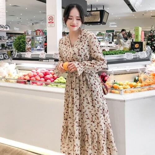 HStar 2020 Autumn Elegant Printed Women Dress Lady High Waist A-line Ruffle Dress Female V-neck long sleeve Vestidos