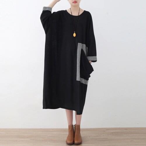 Johnature Women Knitted Cotton Black Dress Pockets Long Sleeve Patchwork 2021 Autumn New Loose Women Cloths Casual Dresses