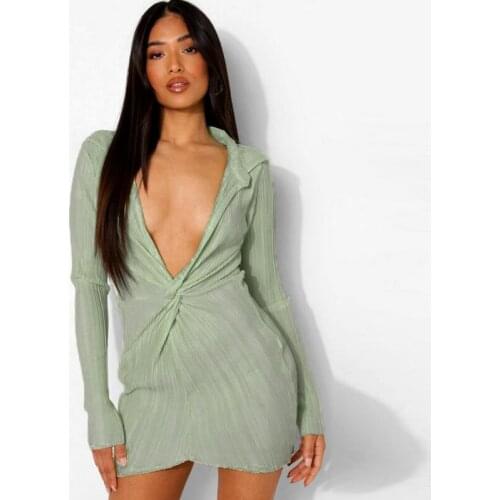 Women Vintage Front Cross Slim Party Dresss Long Sleeve Sexy Deep V neck Green Color Sheath Mini Dress 2021 Autumn Fashion Dress