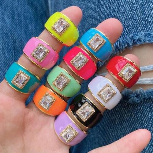 10Pcs Fashion square crystal stone candy enamel wide cuff opening ring Colorful Gold Finger Rings for women