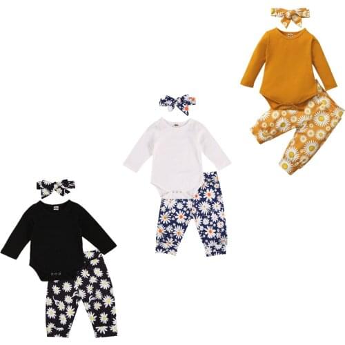 2020 Cute Infant Baby Girl Autumn Clothes Set Soft Cotton Long Sleeve Top Romper+Daisy Print Long Pants Headband 3pcs Set