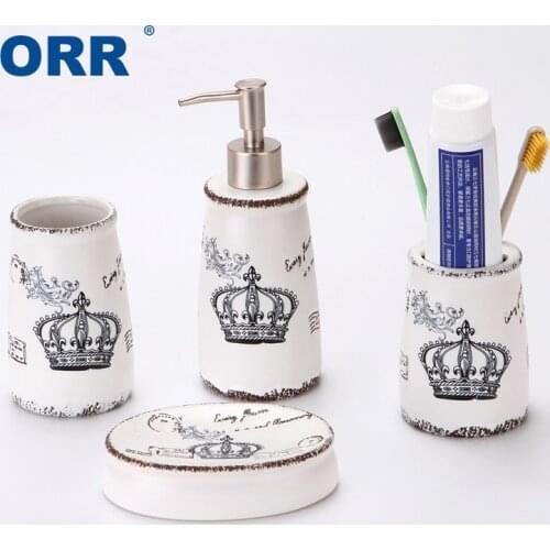 Top Crown Bathroom set 4pcs Ceramic display Tumbler Liquid Soap dish Lotion Dispenser Toothbrush Holder Bath Accessory ORR