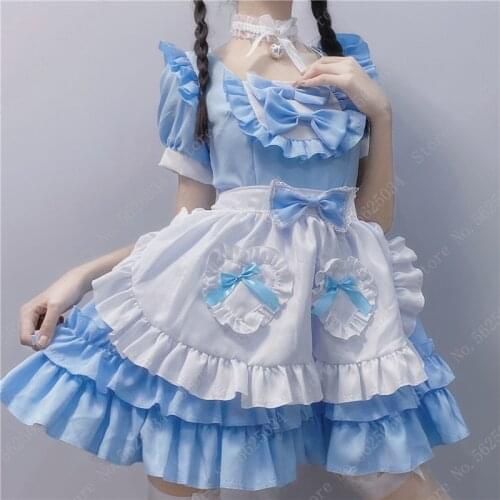 Anime Kawaii Blue Lolita Dress Sexy French Maid Apron Cosplay Costume Girls Women Party Role Play Dress Up Cafe Waitress Outfit
