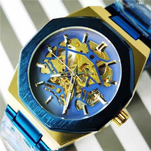 Forsining Mechanical Mens Watch Fashion Automatic Male Clock Blue Stainless Steel Waterproof Business Skeleton Relogio Masculino