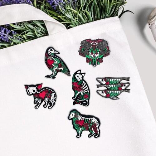 My heart is full of love Skeleton animal Enamel Brooch Fish dog cat sheep bird skull Lapel Pin Red flower green leaf Badge