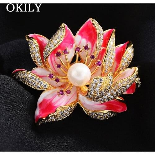 Luxury Style Enameled Petal Micro Pave Zircon Pink and Blue Lotus Flower Brooches Pearl Blossom Lotus Pins for Mothers Day Gift